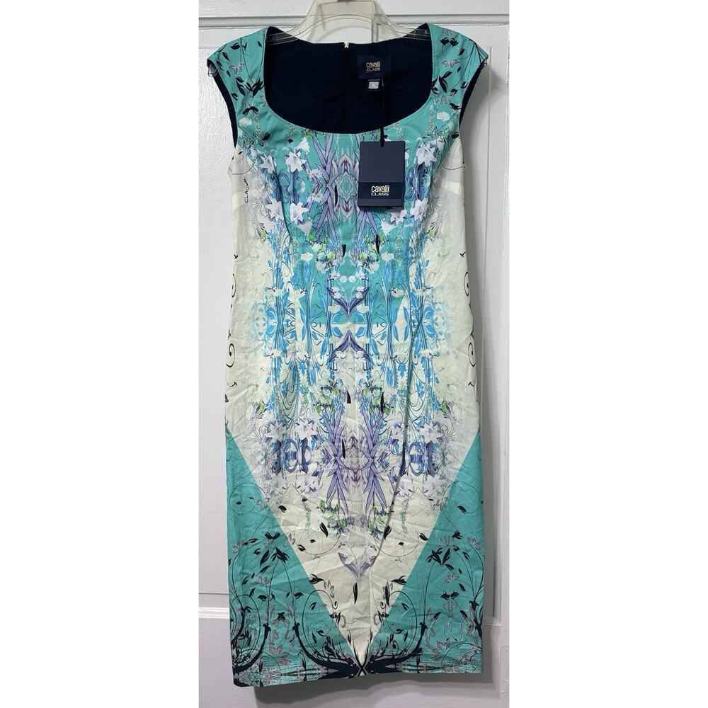 NWT Cavalli Class Blue Purple Floral Midi Pencil Dress Size 40 US 8